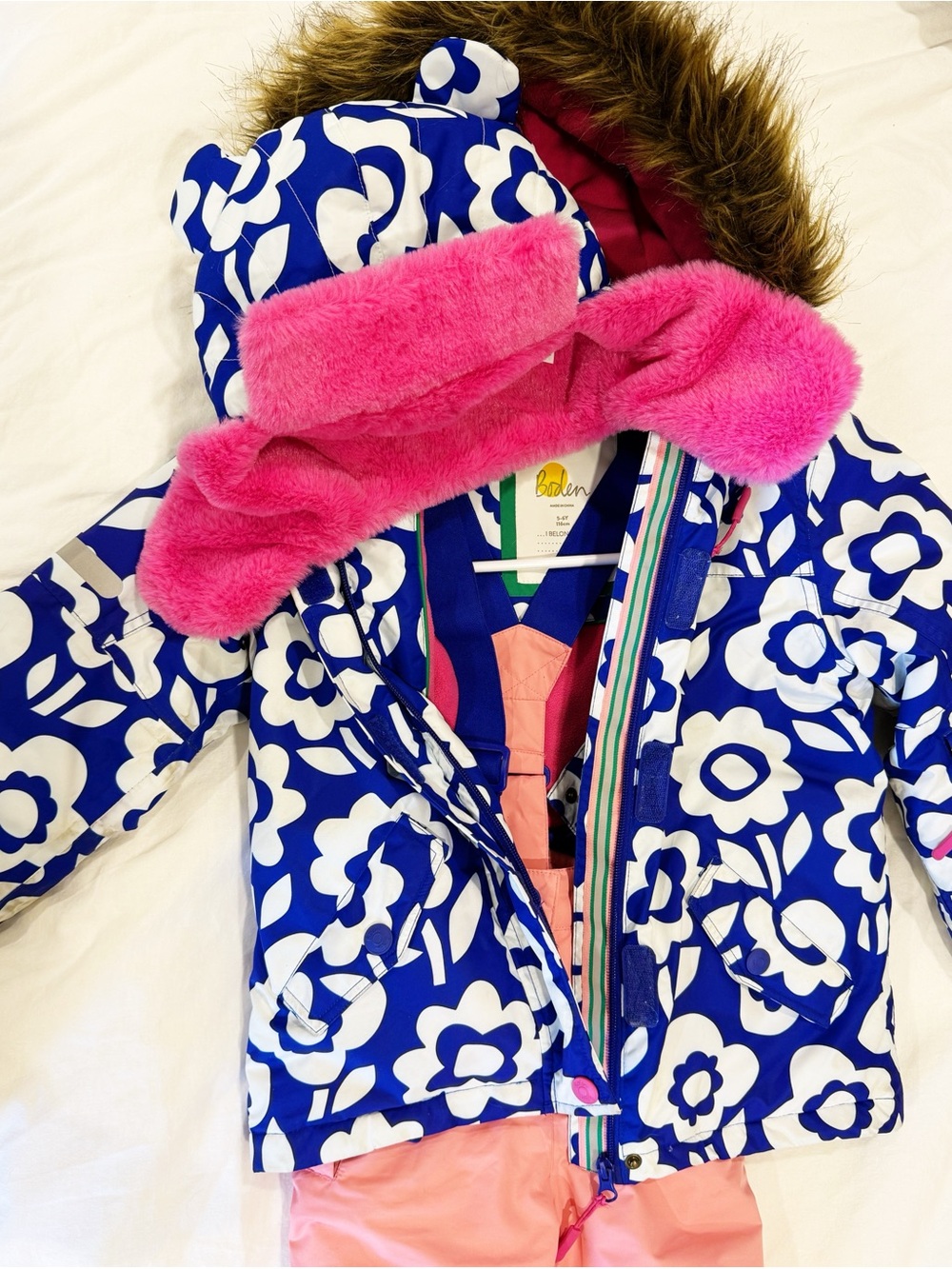 Boden Girls Royal Blue & White Floral Ski Jacket with Hot Pink Faux Fur Hood